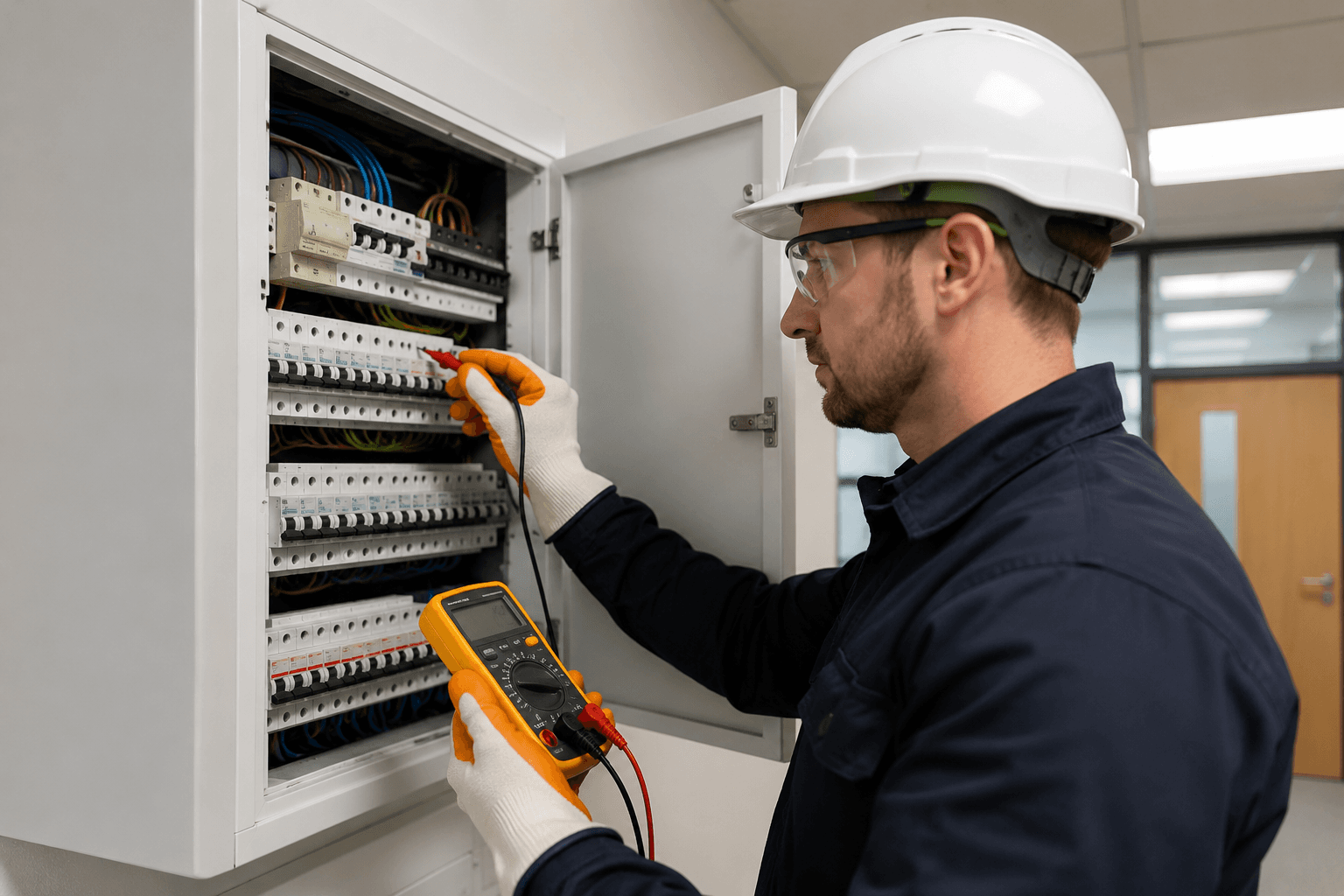 Engineer inspecting a commercial consumer unit and testing individual circuit breakers