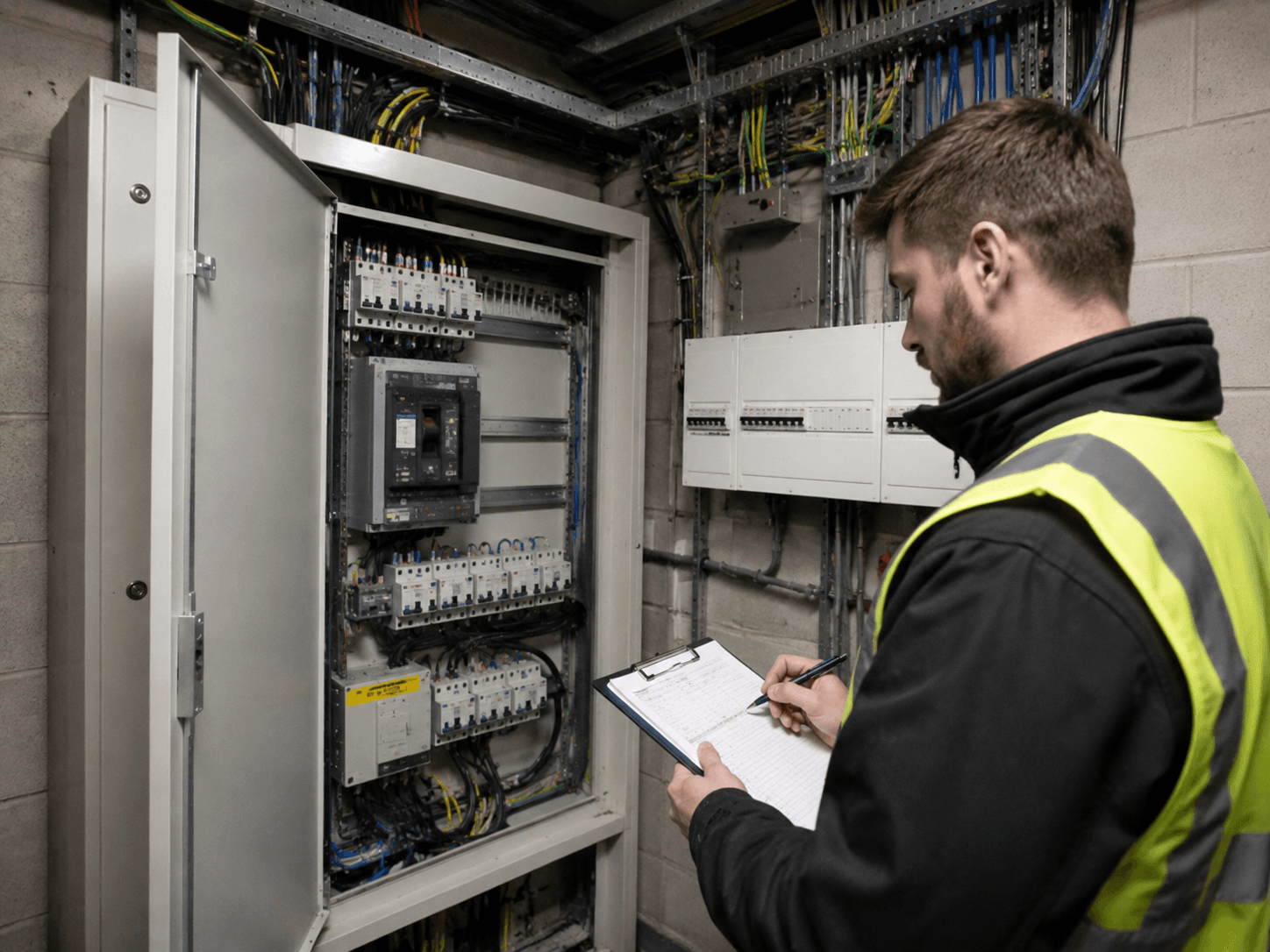 Engineer examining a three-phase distribution board and cable routing in a plant room