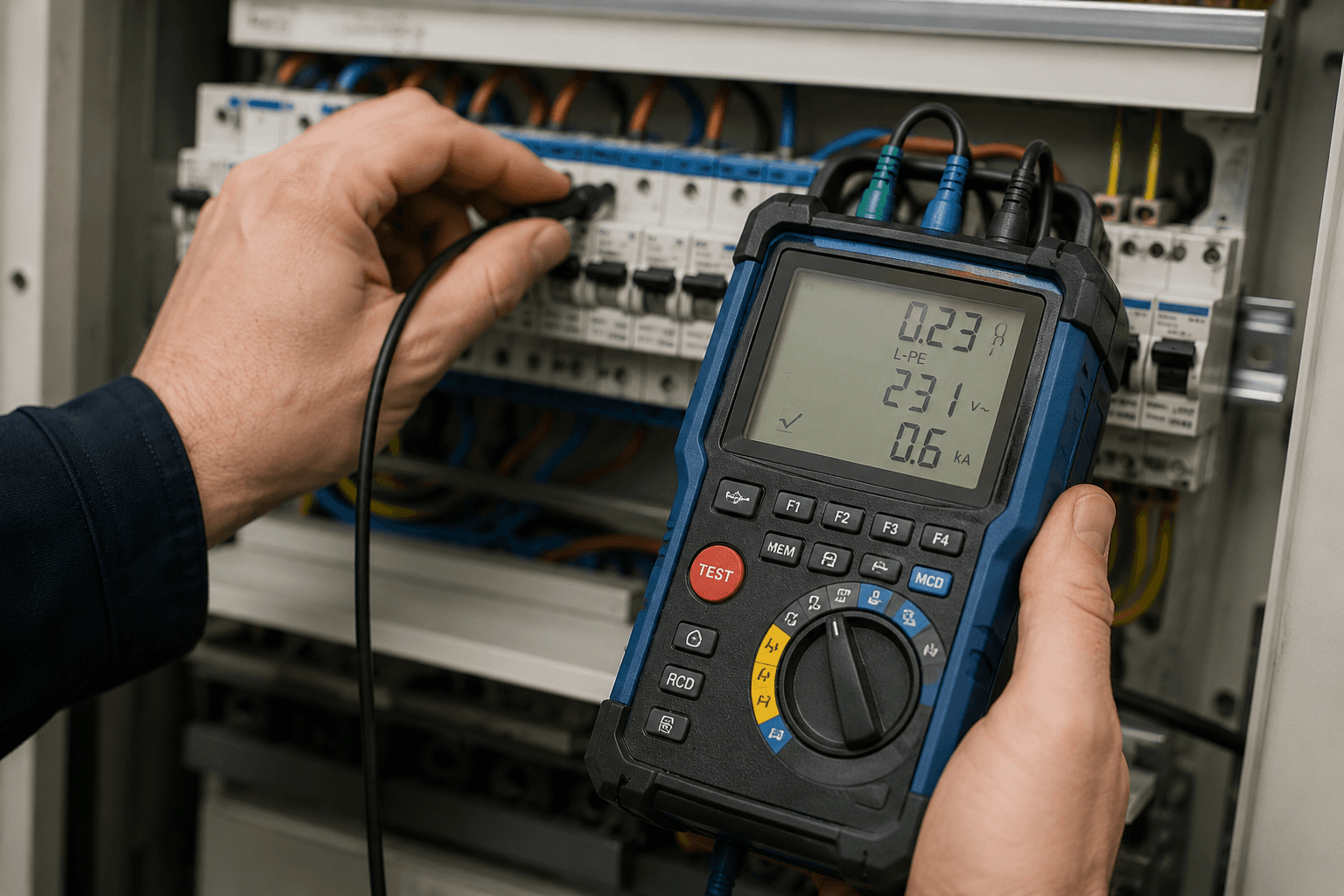 Close-up of RCD trip testing on a commercial consumer unit with a calibrated tester