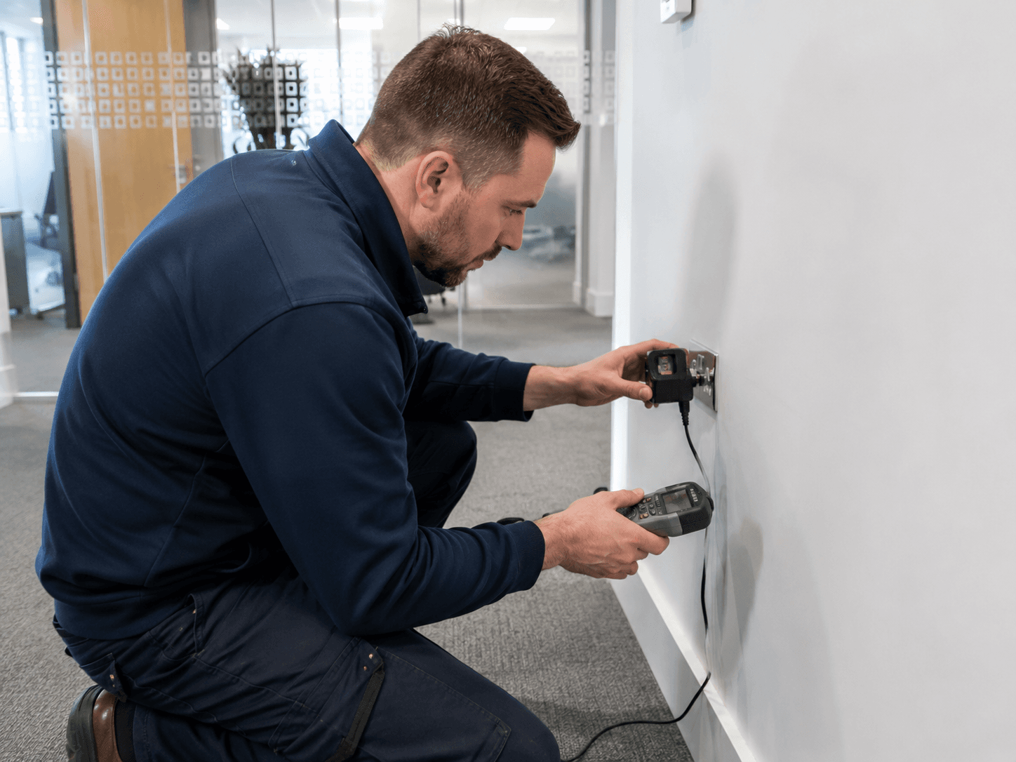 Engineer testing sockets and circuits with a multifunction tester in a commercial premises