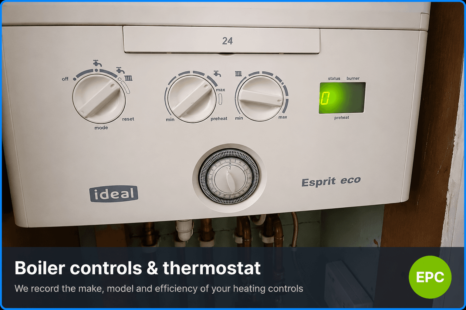 Assessor recording boiler controls, thermostat settings and heating efficiency