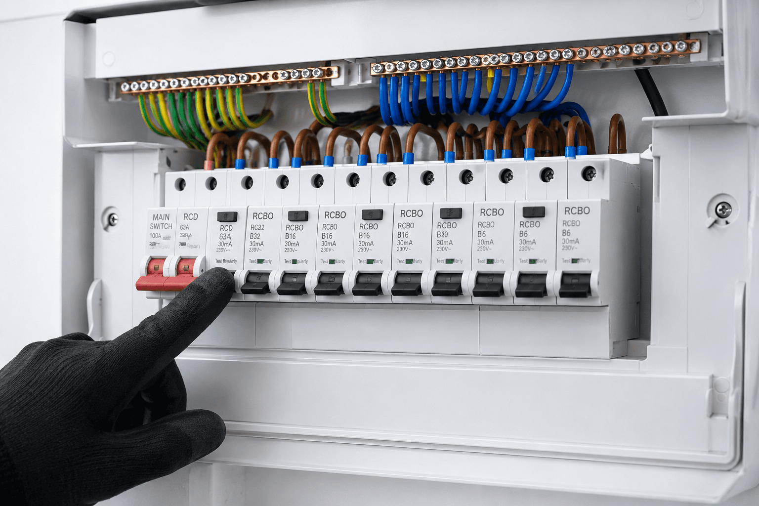 Modern UK consumer unit with RCBO protection devices inspected during an EICR