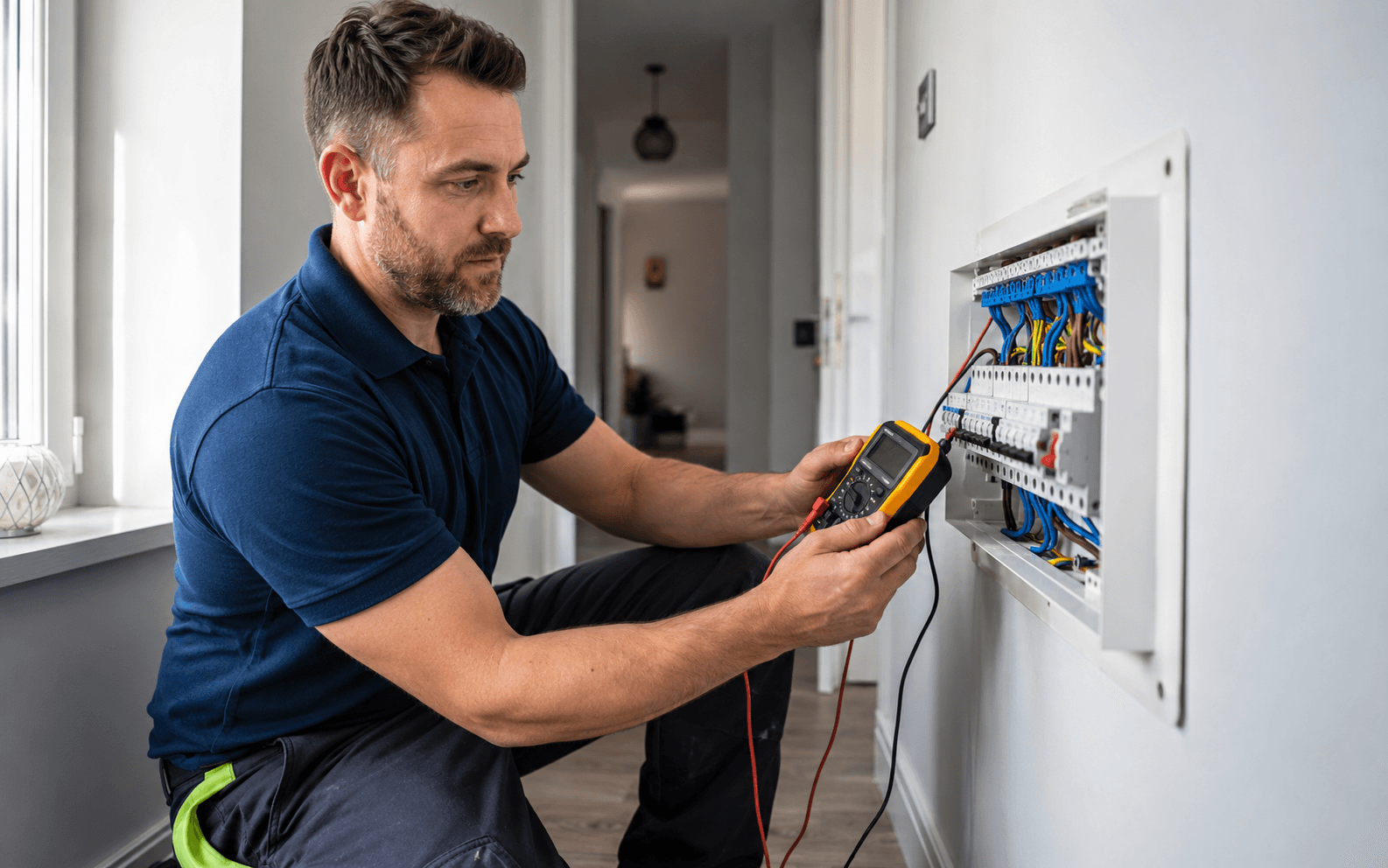 NICEIC approved electrician carrying out an EICR inspection on a domestic consumer unit in a London flat