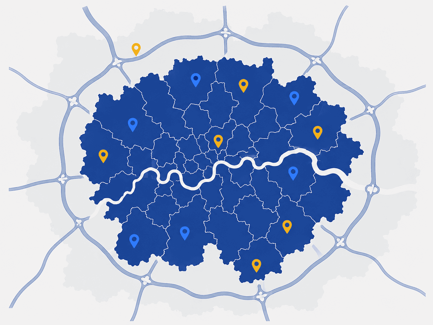 Map showing EICR coverage across all 33 London boroughs and the M25 area