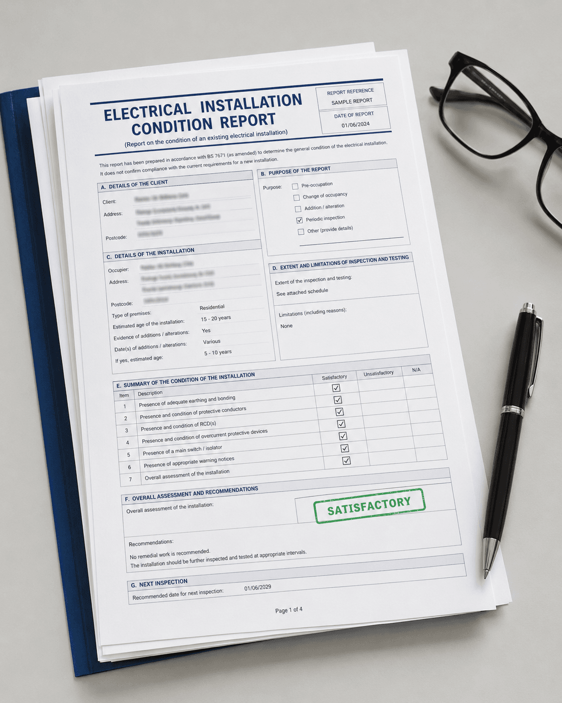 Example of a completed EICR electrical installation condition report marked satisfactory
