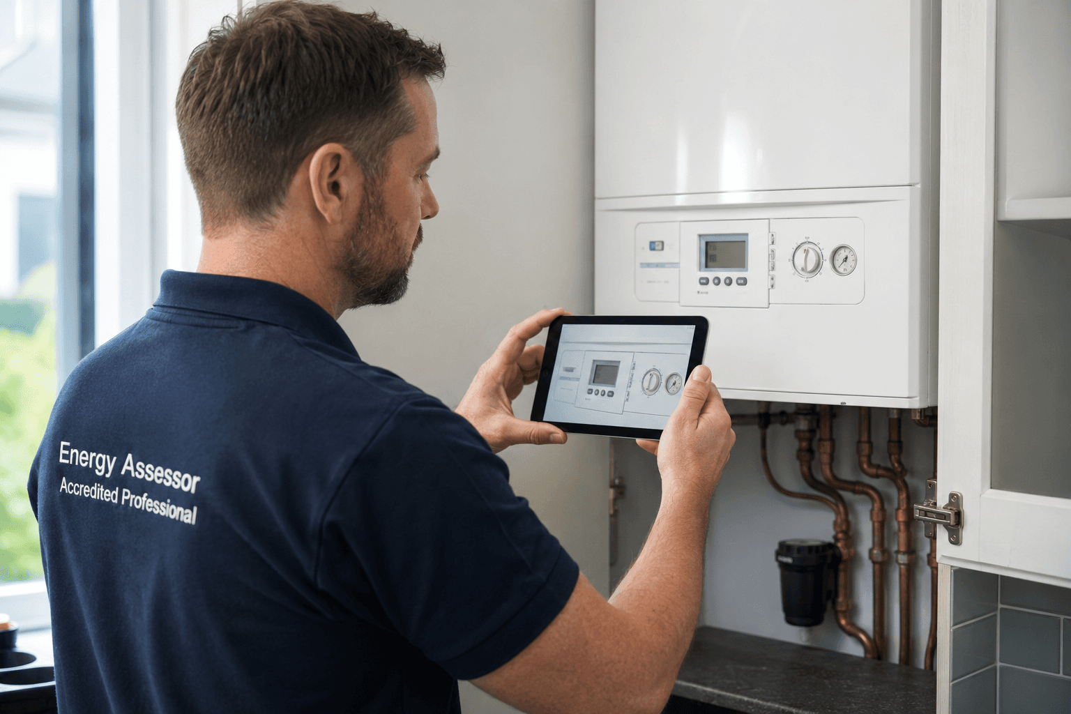Accredited domestic energy assessor inspecting a boiler and heating controls during an EPC assessment