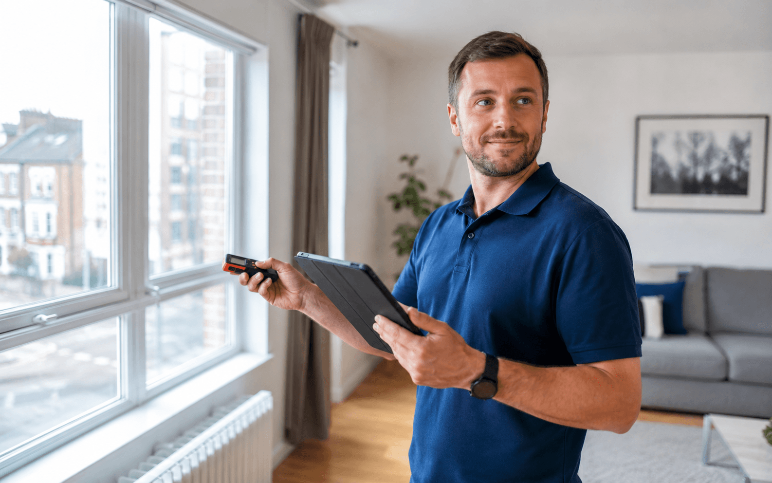 Accredited domestic energy assessor carrying out an EPC assessment in a London flat