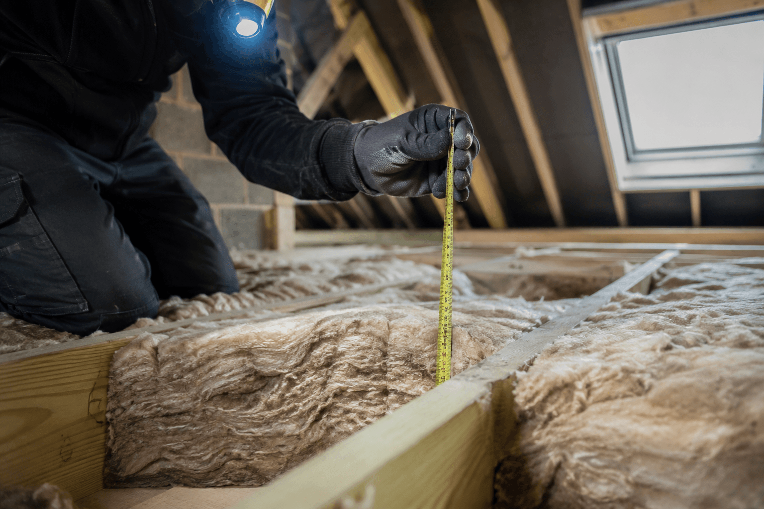 Energy assessor measuring loft insulation depth as part of an EPC assessment