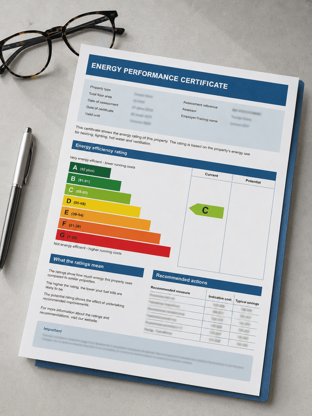Example of a domestic Energy Performance Certificate showing the A–G energy efficiency rating