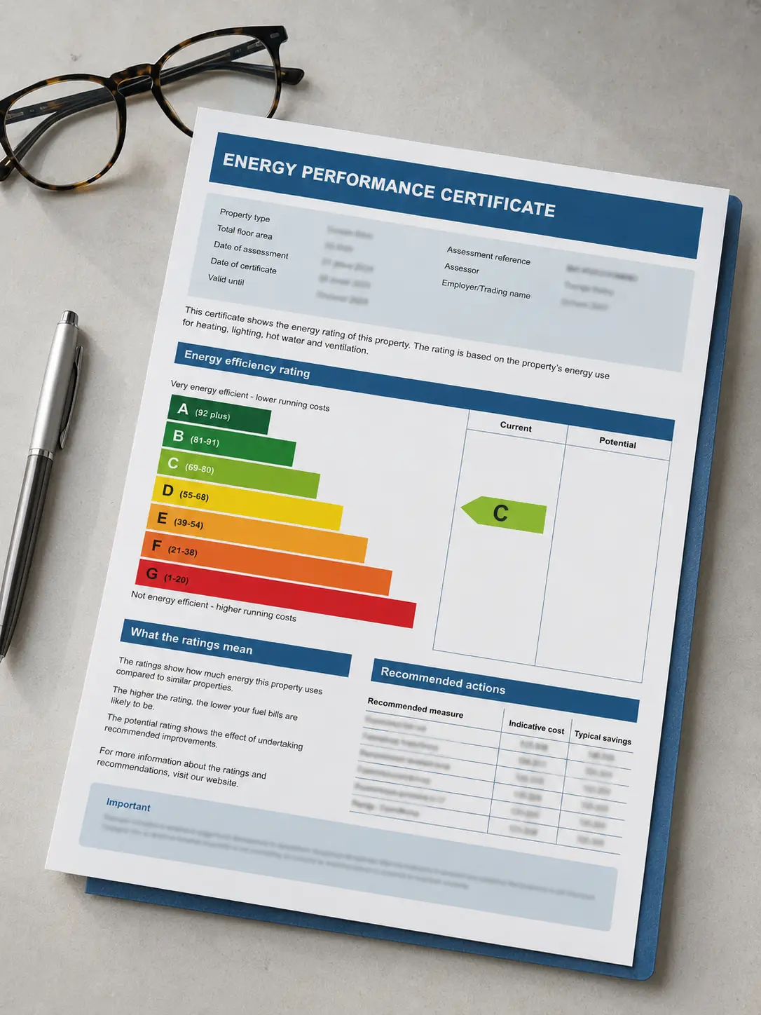 Example of a domestic Energy Performance Certificate showing the A–G energy efficiency rating