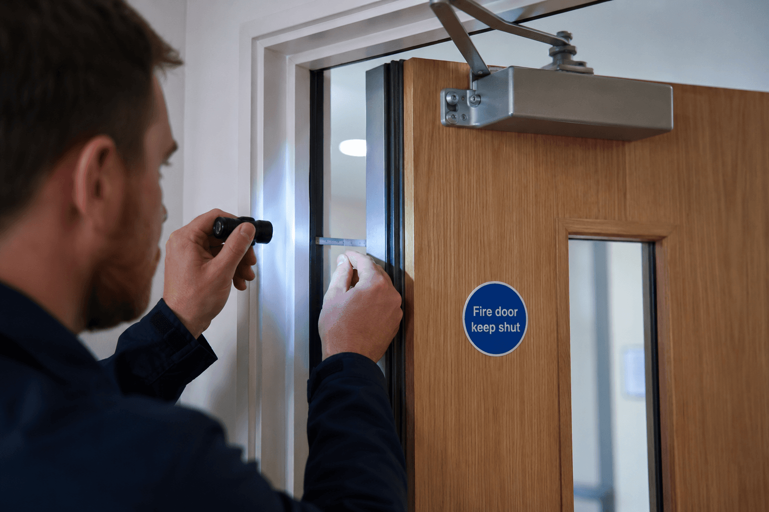 Assessor checking a fire door's intumescent seals and self-closer