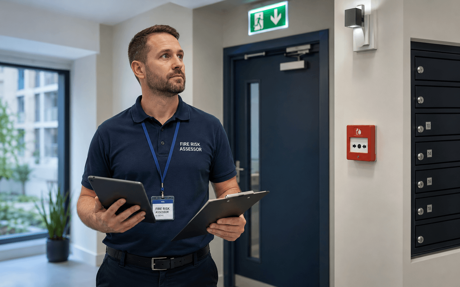 Fire risk assessor inspecting the communal area of a London apartment block
