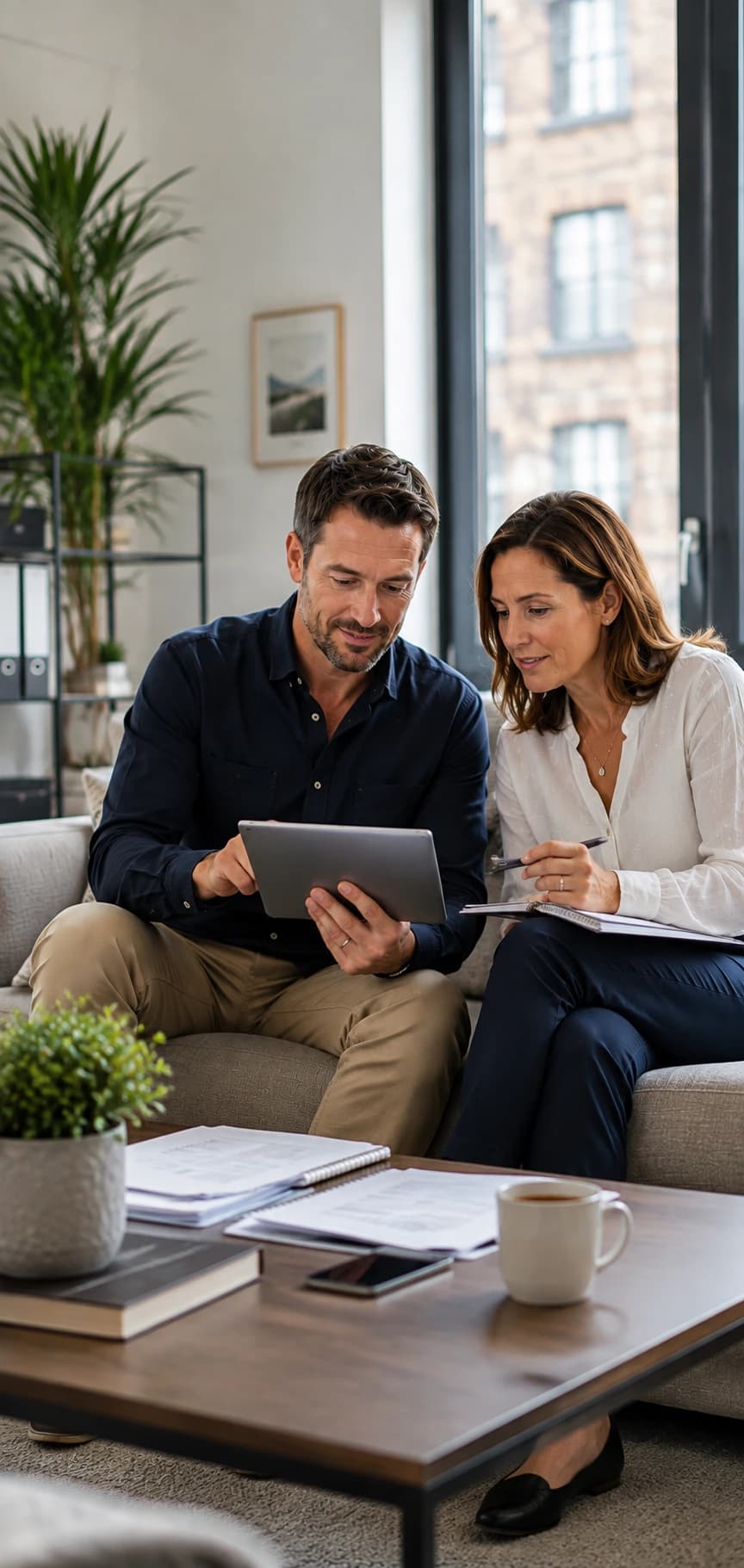 London landlords reviewing their property compliance certificates on a tablet at home